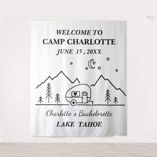 Cute Black and White Camp Bachelorette Banner Tapestry (Front)