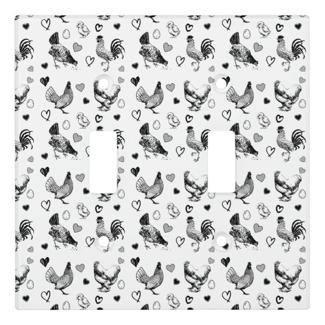 Cute Black and White Cartoon Chickens Light Switch Cover (Front)