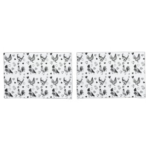 Cute Black and White Cartoon Chickens Pillow Case