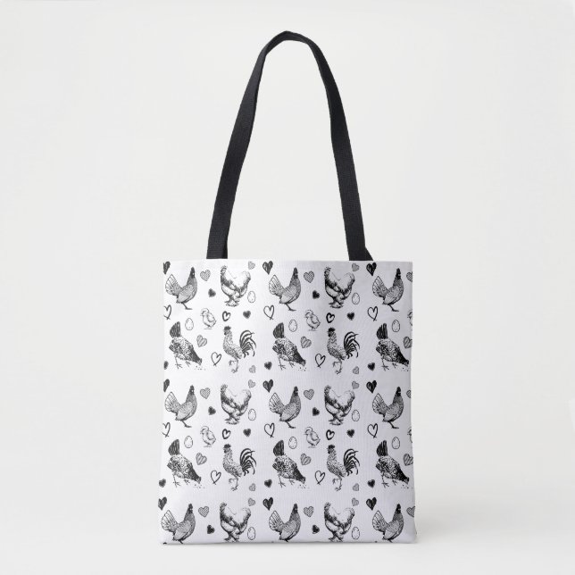 Cute Black and White Cartoon Chickens Tote Bag (Front)