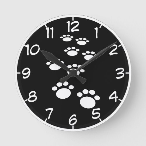 Cute Black And White Cartoon Pet Paw Trail Round Clock