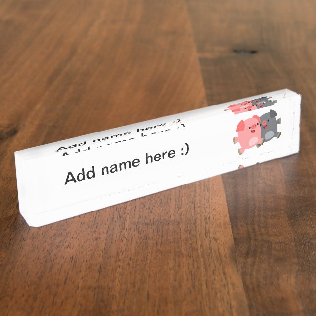 Cute Black and White Cartoon Pigs Desk Nameplate (Side)