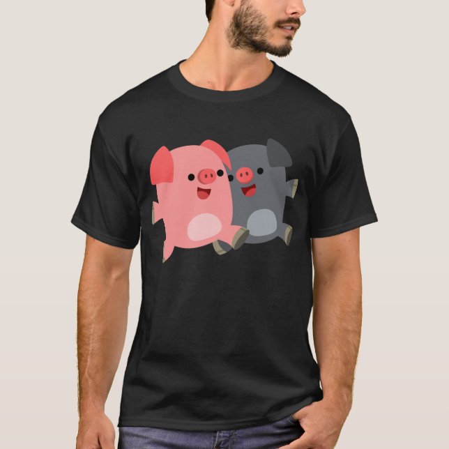 Cute Black and White Cartoon Pigs T-Shirt (Front)