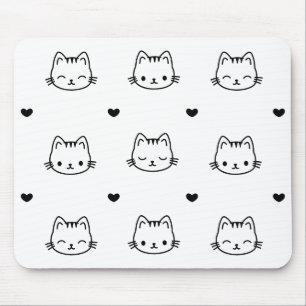 Cute Black and White Cat and Heart Pattern Mouse Pad