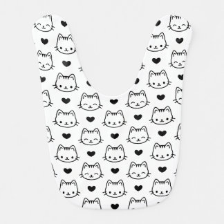 Cute Black and White Cat Faces and Hearts Baby Bib