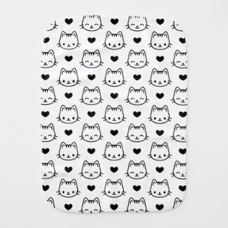 Cute Black and White Cat Faces and Hearts Baby Burp Cloth