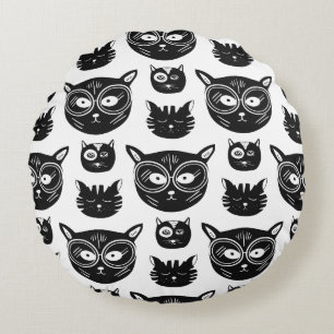 Cute Black and White Cat Faces Pattern Round Pillow