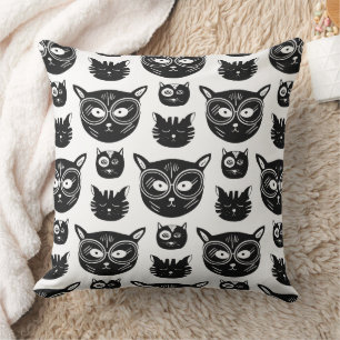 Cute Black and White Cat Faces Pattern Throw Pillow