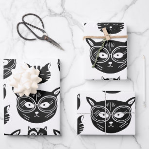 Cute Black and White Cat Faces Pattern Wrapping Paper Sheets