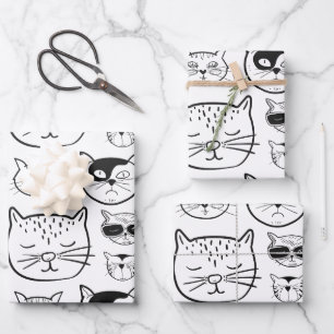 Cute Black and White Cat Faces Pattern Wrapping Paper Sheets
