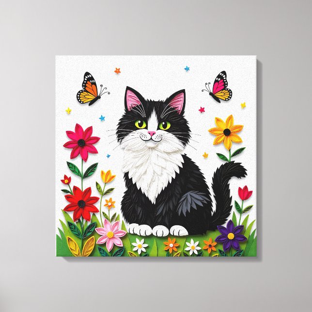 Cute Black and White Cat, Flowers and Butterflies Canvas Print (Front)