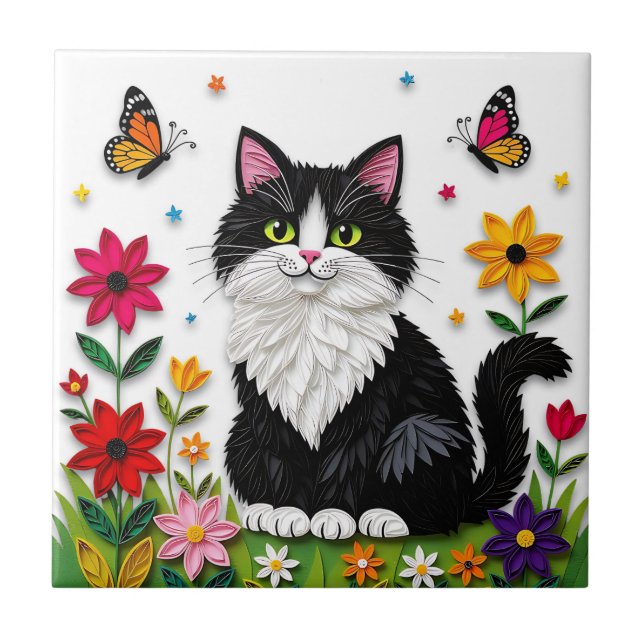 Cute Black and White Cat, Flowers and Butterflies Ceramic Tile (Front)