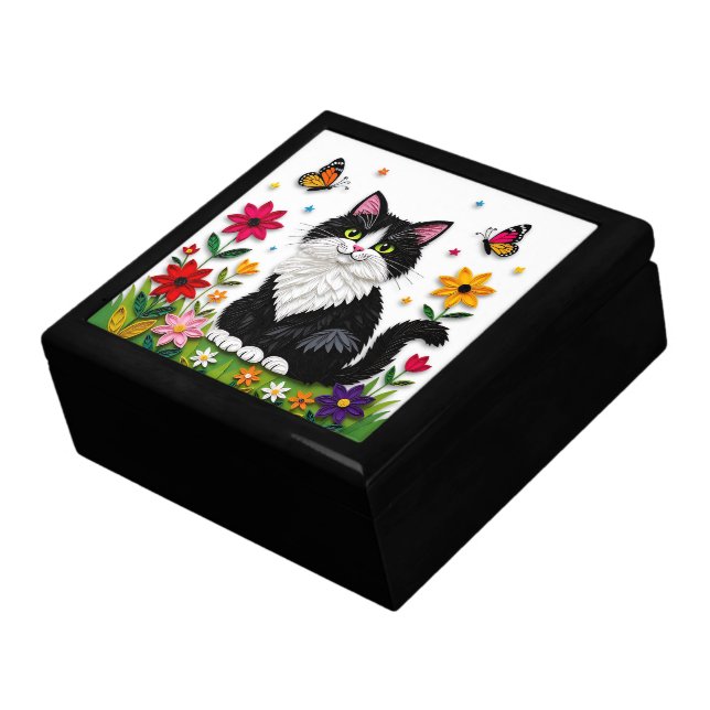 Cute Black and White Cat, Flowers and Butterflies Gift Box (Side)