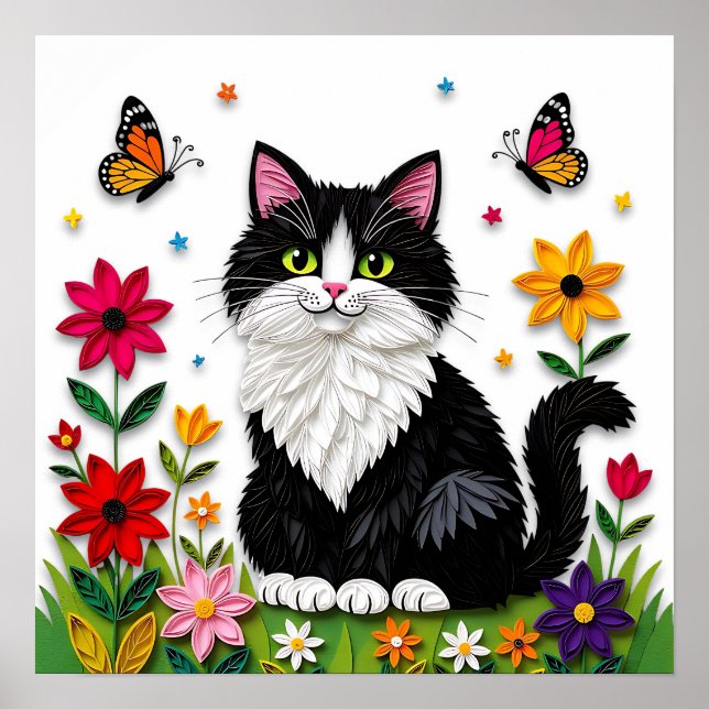 Cute Black and White Cat, Flowers and Butterflies Poster (Front)