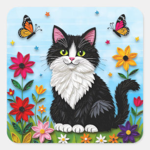 Cute Black and White Cat, Flowers and Butterflies Square Sticker