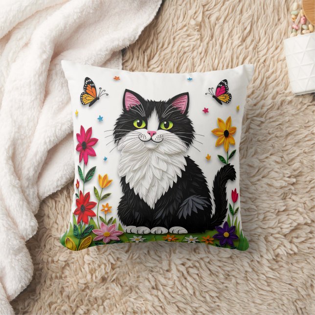 Cute Black and White Cat, Flowers and Butterflies Throw Pillow (Blanket)