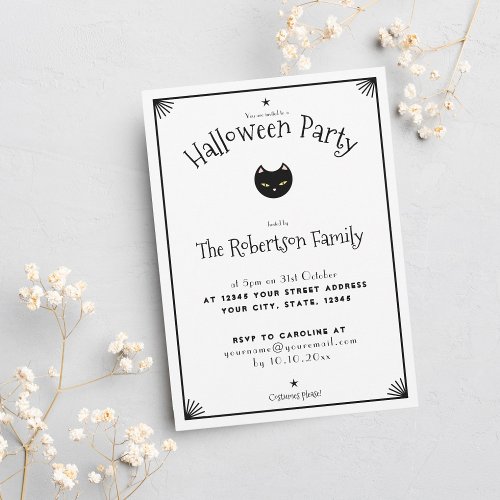 Cute Black and White Cat Halloween Invitation