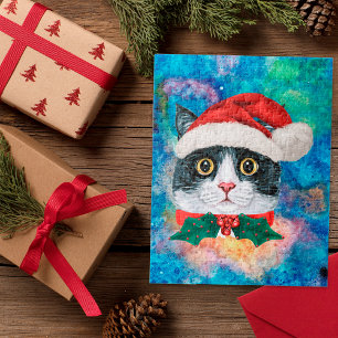 Cute Black and White Cat Holiday Christmas Gift Jigsaw Puzzle