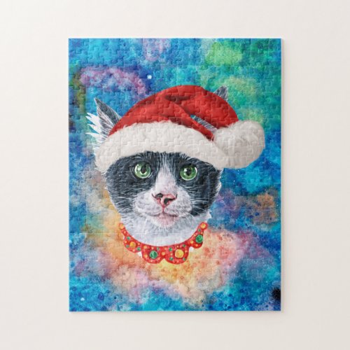 Cute Black And White Cat Holiday Christmas Present Jigsaw Puzzle