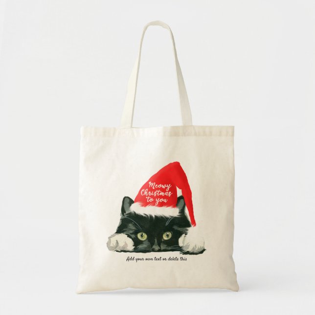 cute black and white cat meowy christmas tote bag (Front)
