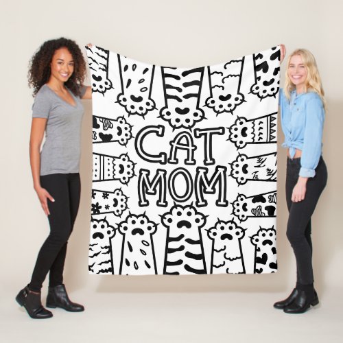 Cute Black and white cat mom with cat paws Fleece Blanket