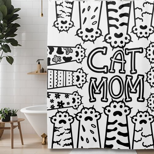 Cute Black and white cat mom with cat paws Shower Curtain
