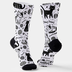 Cute Black and White Cat Pattern Socks Minimalist