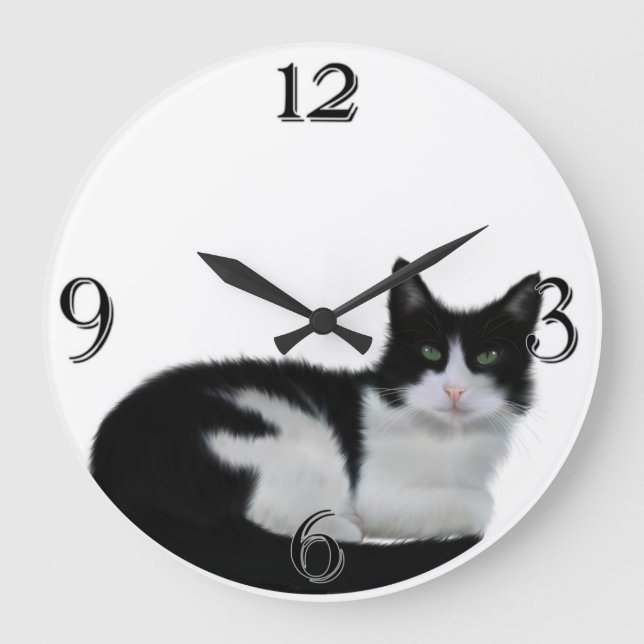 Cute Black And White Cat Wall Clock (Front)
