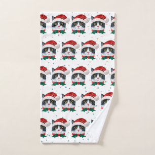 Cute Black and White Cat With Santa Hat Christmas Hand Towel