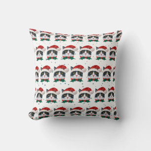 Cute Black and White Cat With Santa Hat Christmas Throw Pillow