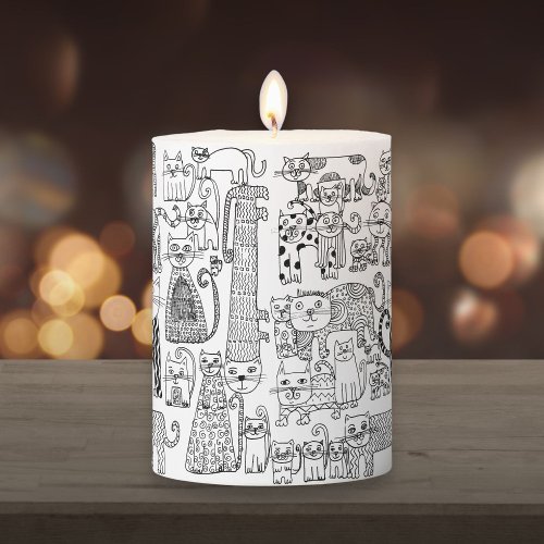 Cute Black and White Cats And Kittens Patterned Pillar Candle
