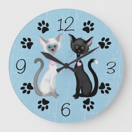 Cute Black and White Cats and Paw Prints on Blue Large Clock