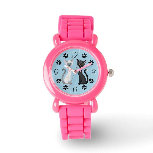 Cute Black and White Cats with Paw Prints on Blue Watch (Front)