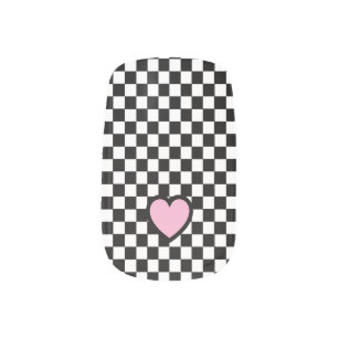 Cute black and white checkered  pink heart minx nail art