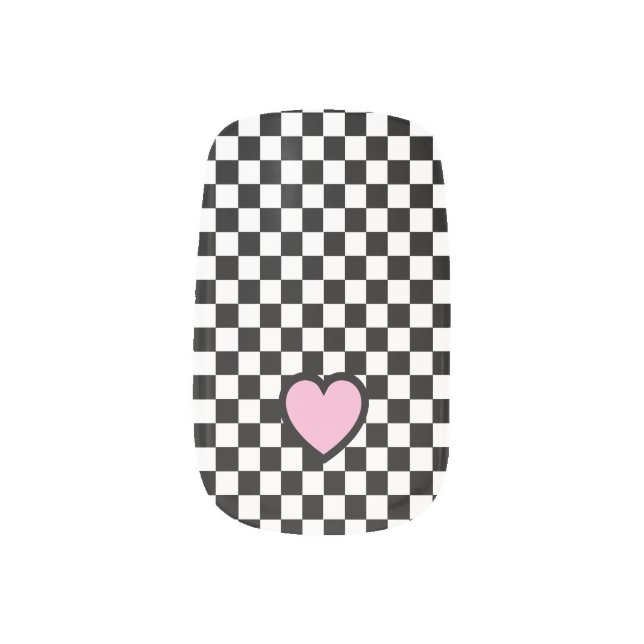 Cute black and white checkered  pink heart minx nail art (Left Thumb)