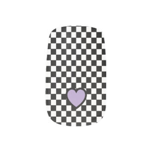 Cute black and white checkered  purple heart minx nail art