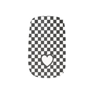 Cute black and white checkered white heart minx nail art