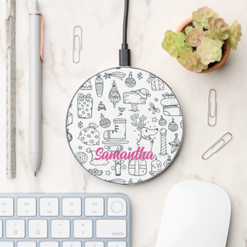 Cute Black and White Christmas Doodle Pattern Wireless Charger