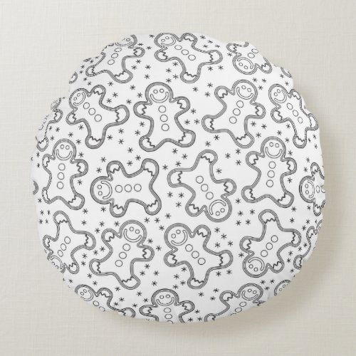 Cute Black and White Christmas Gingerbreads Round Pillow