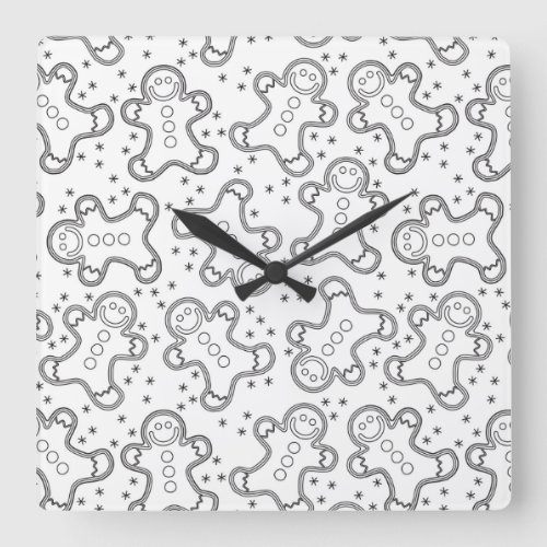 Cute Black and White Christmas Gingerbreads Square Wall Clock