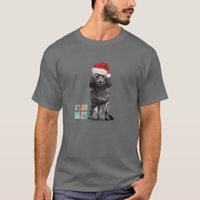 Cute Black And White Cockapoo Puppy Christmas Sant T-Shirt (Front)