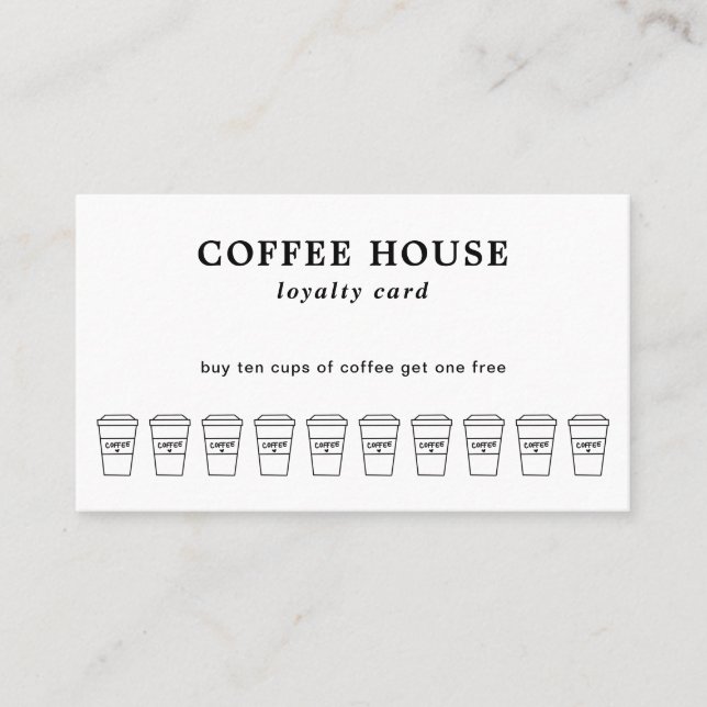 Cute Black and White Coffee Cup Coffee Shop Loyalty Card (Front)