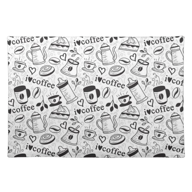 Cute Black and White Coffee Lovers I Love Coffee Cloth Placemat (Front)