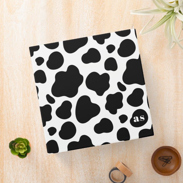Cute Black and White Cow Pattern Monogrammed 3 Ring Binder (In Situ)