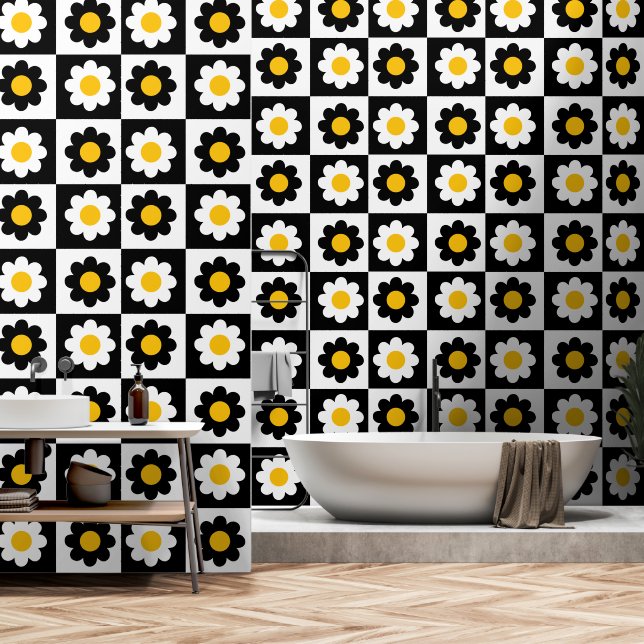 Cute Black and White Daisy Flower Pattern Wallpaper (Bathroom)