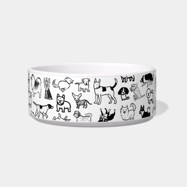 Cute Black and White Dog Drawings Pet Bowl | Zazzle