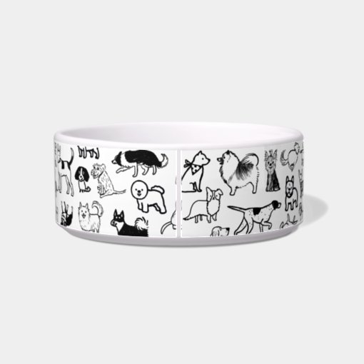 Cute Black and White Dog Drawings Pet Bowl | Zazzle