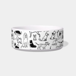 Cute Black and White Dog Drawings Pet Bowl | Zazzle