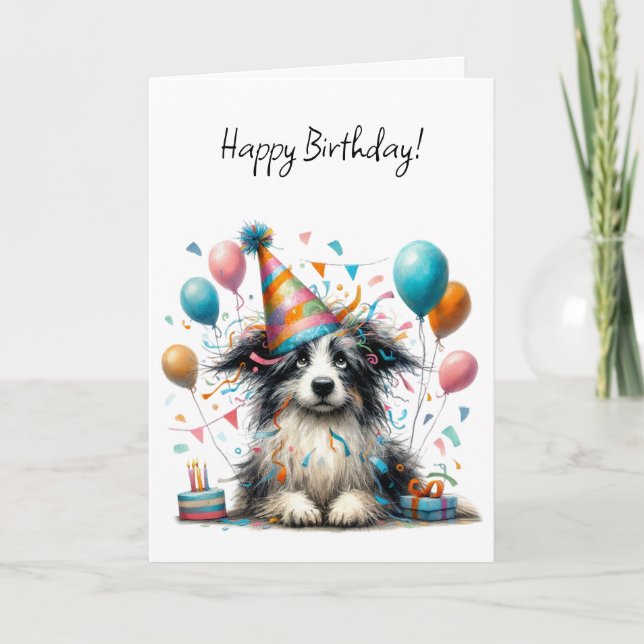 Cute Black and White Dog in a Birthday Party Hat  Card (Front)
