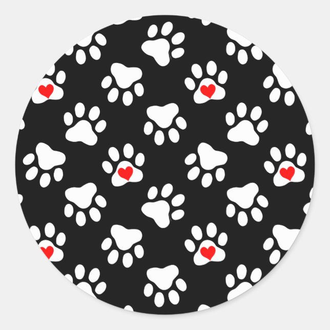Cute Black and White Dog Paws With Hearts Pattern Classic Round Sticker (Front)